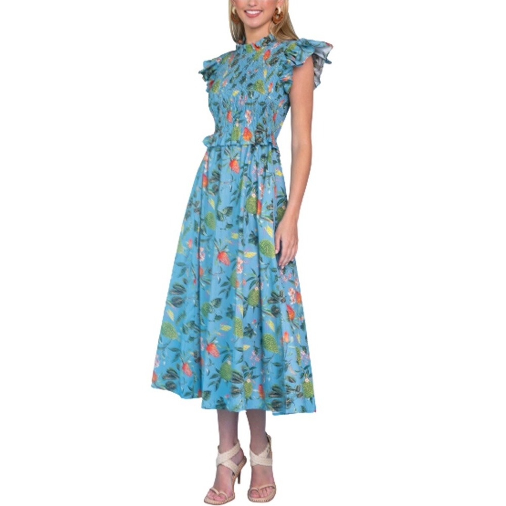 Olivia James The Label Lila Dress Blue Tropical Floral Smocked Midi Small NEW